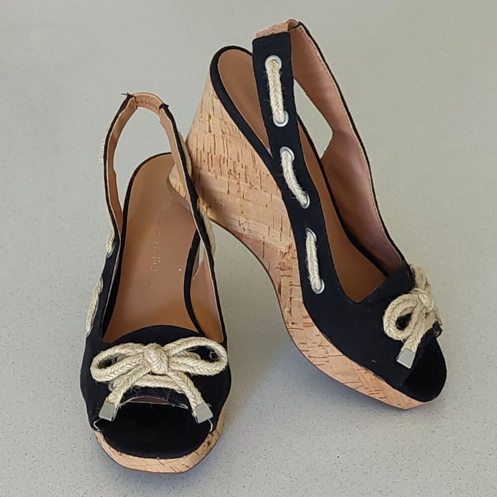 Franco Sarto Black and Cork Rope-Accent Wedge Sandals